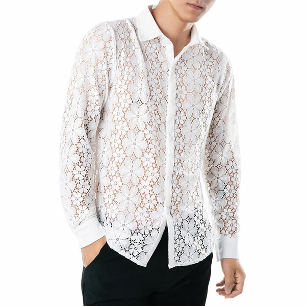 Men's Crochet Floral Lace Long Sleeve Slim Shirt See-Through Mesh