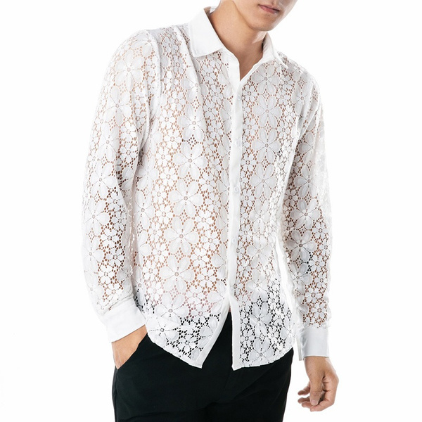 Men's Crochet Floral Lace Long Sleeve Slim Shirt See-Through Mesh Party  Wedding Collared Blouse Top Black White