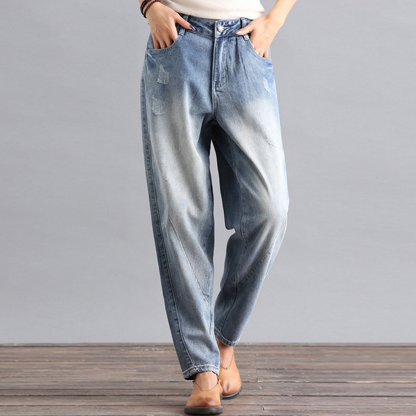 Women Denim Pants Elastic Waist Faded Loose Baggy Trousers