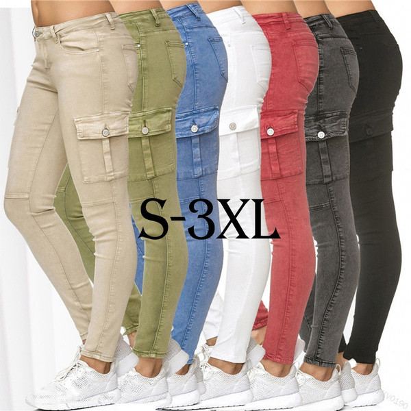 Women's 7 Colors Fashion High Waist Skinny Cargo Long Jean Pants with Side  Pockets Ladies Casual Slim Denim Pencil Pants Plus Size Leggings Trousers  S-3XL SG