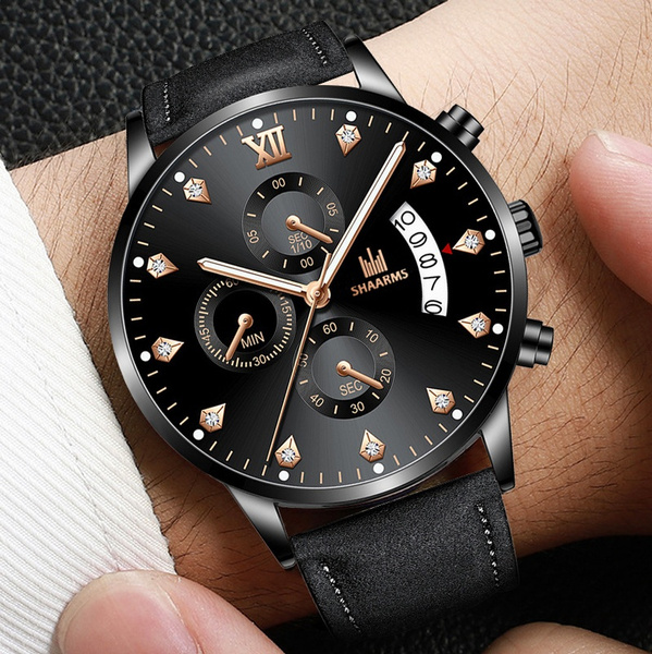 Mens Fshion Watch SHAARMS Men Date Calendar Quartz Wrist Watches Synthetic Leather Analog Quartz Watch Clock Montre Homme