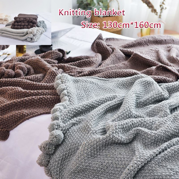130x160cm Cotton Nordic Soft  Pom Pom Knitted Throw Crochet Blanket Rug Bed Sofa 