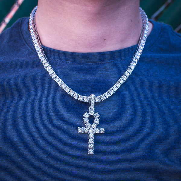 Iced Out Ankh Cross Pendant Necklace with 20inch/24inch Tennis Chain Bling AAA Cubic Zirconia Gold Silver Color Hip Hop Jewelry Gifts