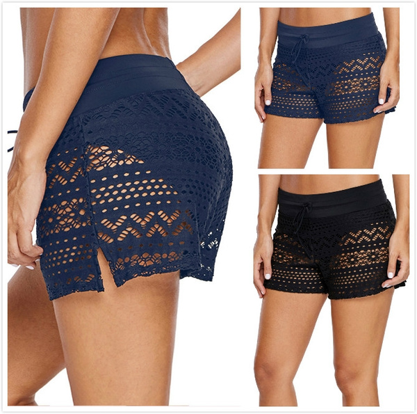 black lace panel drawstring waist swimwear shorts