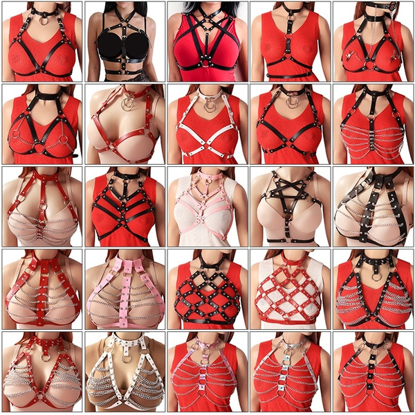 Leather Body Harness Bra for Women Metal Chain Body Caged Crop Tops Adjust  Size Strappy Hollow Out Frame Punk Goth Dance Rave Costume [<8 JQT Goth