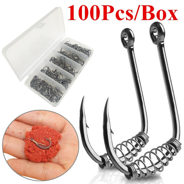 100Pcs/Box Spring Fishing Hooks Barbed Swivel Jig Carp Hook Single
