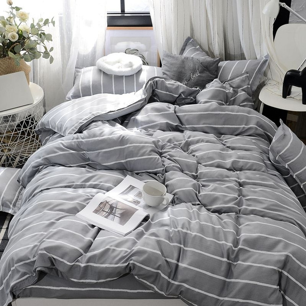 Striped Duvet Cover Bed Linen, Light Grey And White Striped Duvet Cover Set