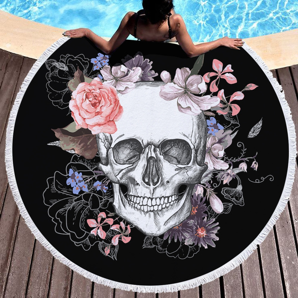 Round Skull Beach Towel Floral Tassel Tapestry Yoga Mat Skull Blanket 59 inches Wish