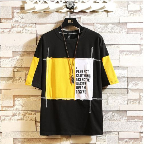Oversize Contrast Color T-shirt Ribbon Patchwork T shirt Hip Hop Swag  Tshirt Men Loose Big Streetwear Black/White/Yellow | Wish