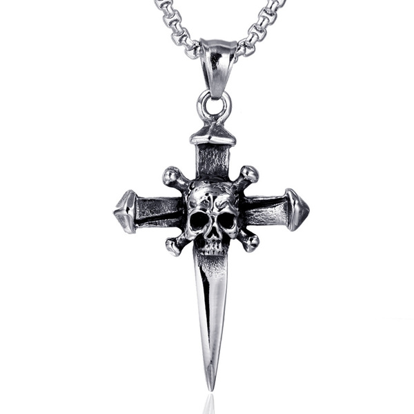 Newest Mens Boys 316L Stainless Steel Cool Silver Pirate Cross Biker Two-sided Skull Bell Pendant For Gift