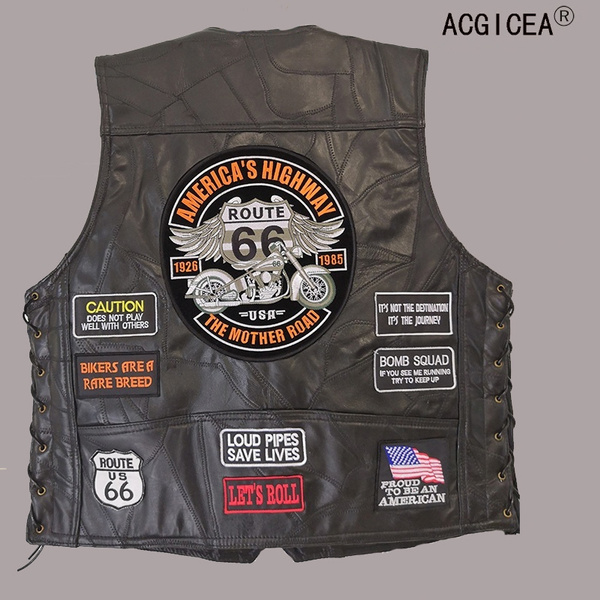 Route66 Embroidery Punk Vest Genuine Sheep Leather Biker Motorcycle ...