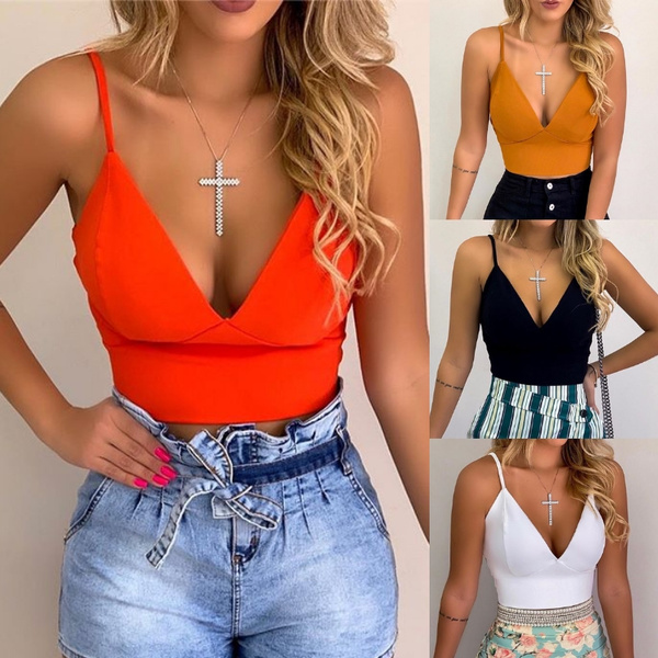 Women Summer Short Cropped Tank Top Solid Color Spaghetti Strap