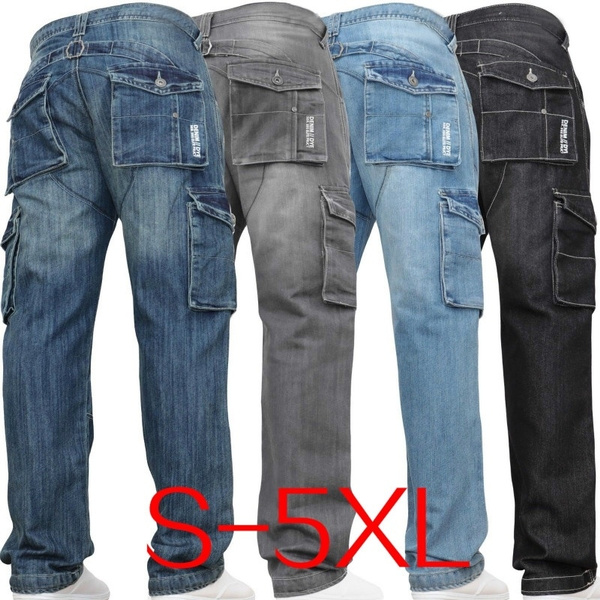 2021 Large Size Loose Jeans Men Denim Pants Multi Pocket Straight