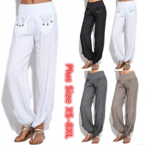Women Casual Loose Linen Trousers Solid 