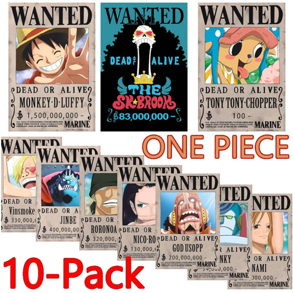 One Piece Anime Posters 10pcs Luffy Wanted Poster Zoro Nami Franky Usopp Sanji Chopper Robin Brook Jinbe Paper Wall Decor Wish