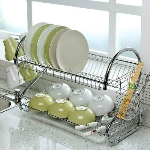 Chrome Plated Metal Kitchen Dish Storage Organizer and Drying Rack