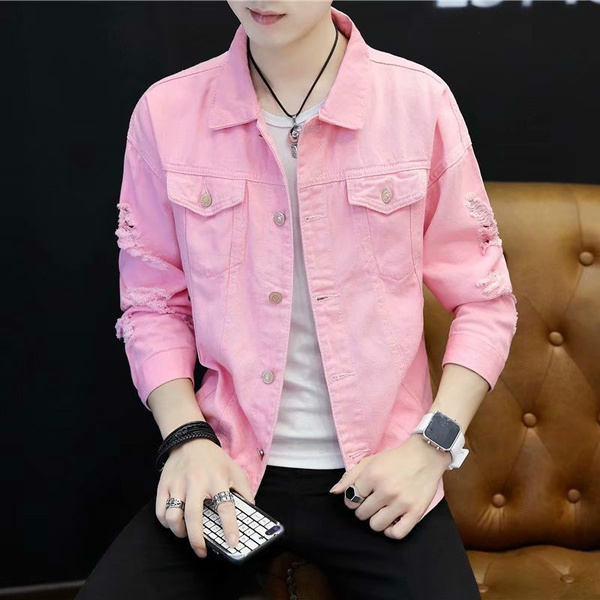 Men Denim Jacket Coat Ripped Distressed Long Sleeve Jean Top Casual Pink  Fashion
