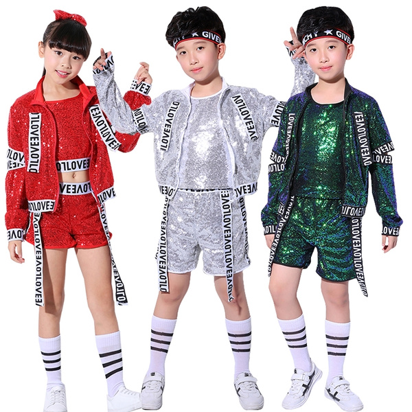 4PCs Kids Boys Girls Sequins Clothing Set Jazz Dance Hip Hop Stage  Performance Costume Crop Top Shorts Jacket Outfits Clothes