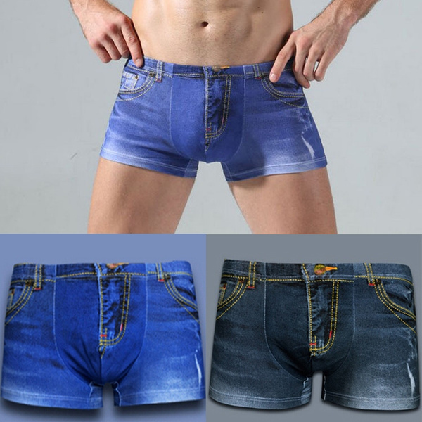 Men Denim Underwear 3D Sexy Boxer Jeans Shorts Classic Print