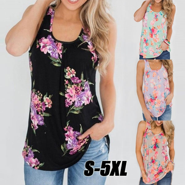 Women's Summer Sleeveless U-neck Floral Print Fashion Tank Tops Casual ...