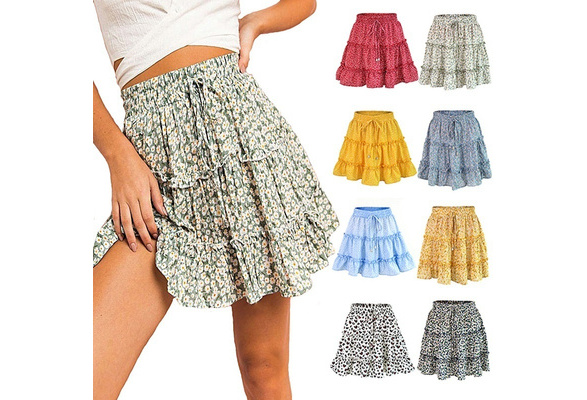 EXLURA Women's Elastic High Waist Skirt Boho Mini Casual Ruffle Layered  Wide Leg Shorts Floral Short Trousers Culottes