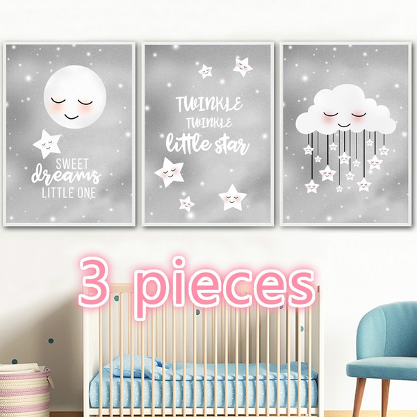 Set 1 with Pink Set of 3 Prints Nursery Baby Moon Cloud Star Wall Art for Kids Room Boy Girl A4