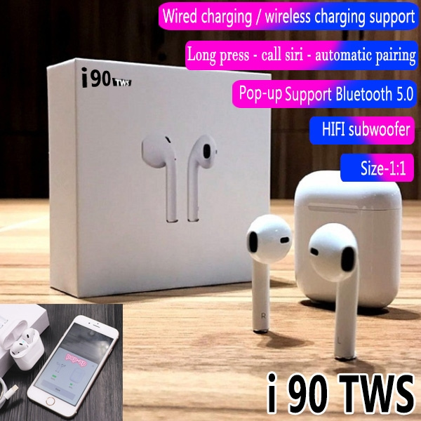 I90 TWS Pop up Bluetooth 5.0 Headset Ratio 1 1 with Wireless Charging 4D Stereo Headset for Mobile Phones