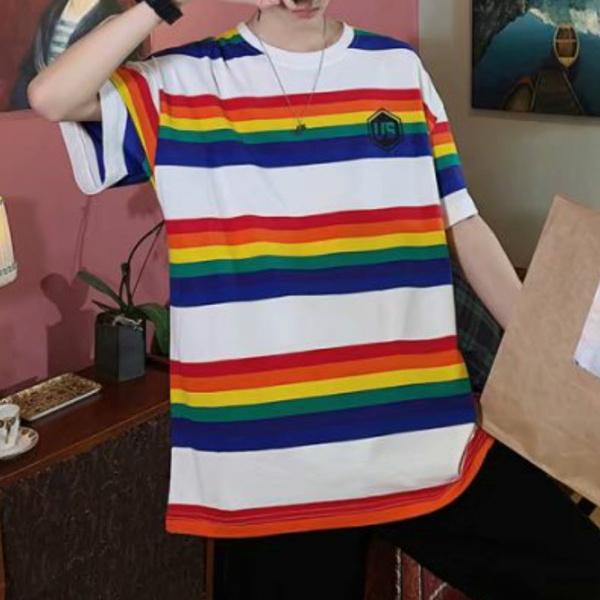Men Rainbow Striped T Shirt Loose 