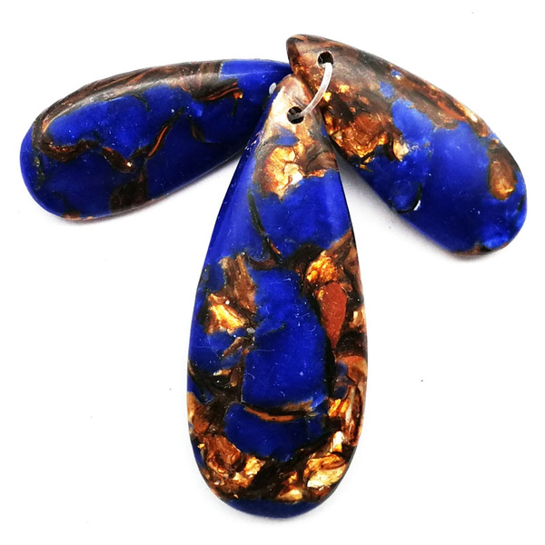 3pcs Blue Teardrop Turquoise & Gold Copper Bornite Stone Pendant Bead 