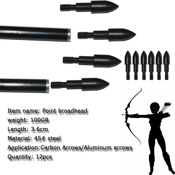 100 Grain 12pcs Black Steel Archery Arrow Heads Target Point Broadhead 