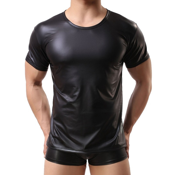 PU Leather T Shirts Men Sexy Fitness Tops Gay T-shirt Tees Mens shirt O-Neck Sexy Men Casual Clothes | Wish