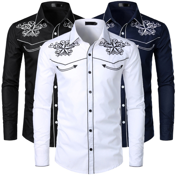 wear2me Mens Stylish Cowboy Sequin Embroidered Western Long Sleeve Button Down Shirt