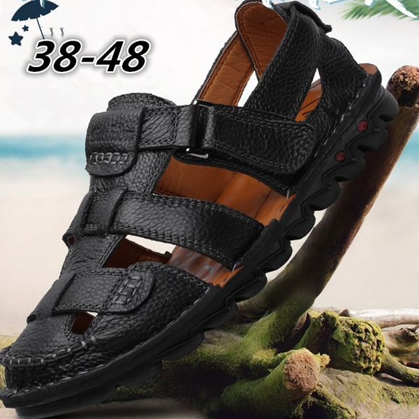 Men's Full-grain Leather Fisherman Sandals Mens Pebbled Leather Handmade  Slip-on Sandals with Adjustable Hook and Loop Closure Black/Brown Size  38-48