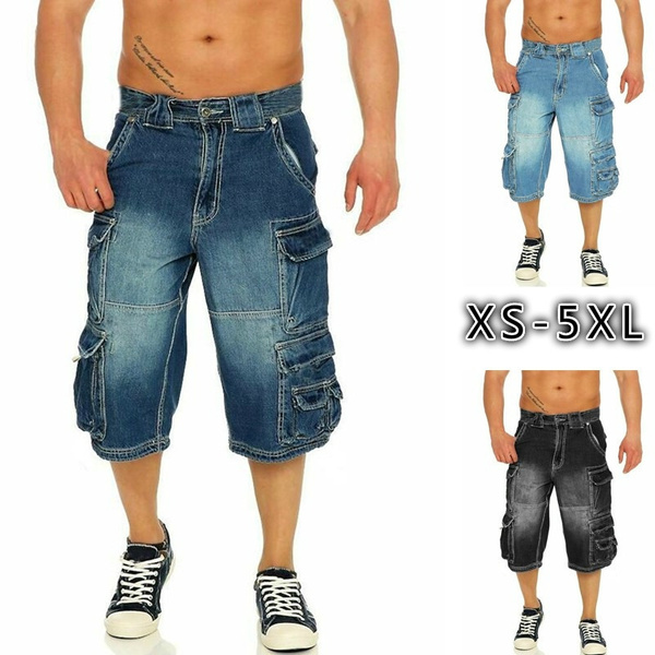 Mens Cargo Jeans Shorts Summer Pants Denim Pocket 3/4 Trousers Casual Biker Look
