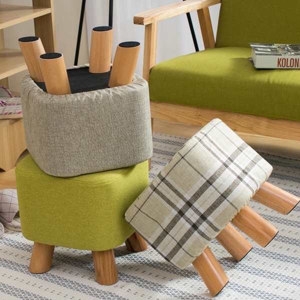 Modern Luxury Upholstered Footstool Nordic Round Pouffe Stool Wooden ...