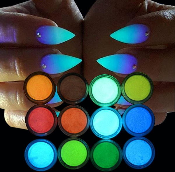 12pc /Set Neon Acrylic Nail Art Fluorescent Luminous Glitter Tip Powder  Sand Glow In Dark 3D Salon Nails DIY Decorations