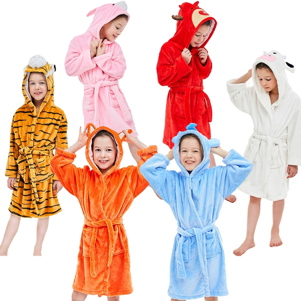 EPLAZA 3-6 Year Girl Boy Flannel Hooded Cute Animal Robe Sleepwear Kid Bathrobe Convertible Pillow 
