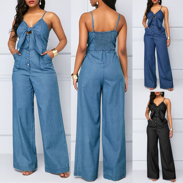 Denim spaghetti strap store jumpsuit