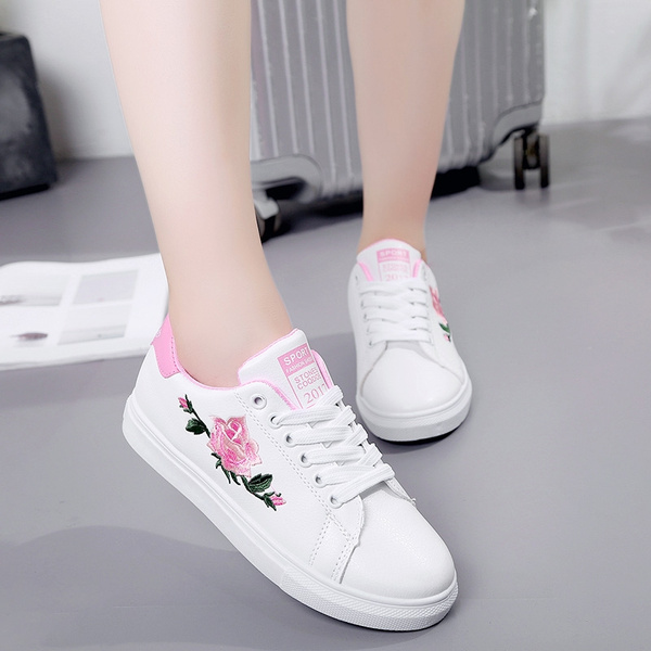 White shoes best sale with rose embroidery