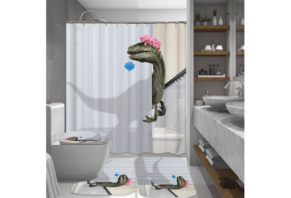 Taking A Bath Dinosaur Bathroom Set Waterproof Shower Curtain Non Slip Mats Carpets Toilet Seat Cover Floor Mat Wish