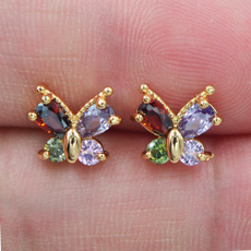 butterfly, wedding earrings, gold, rainbow