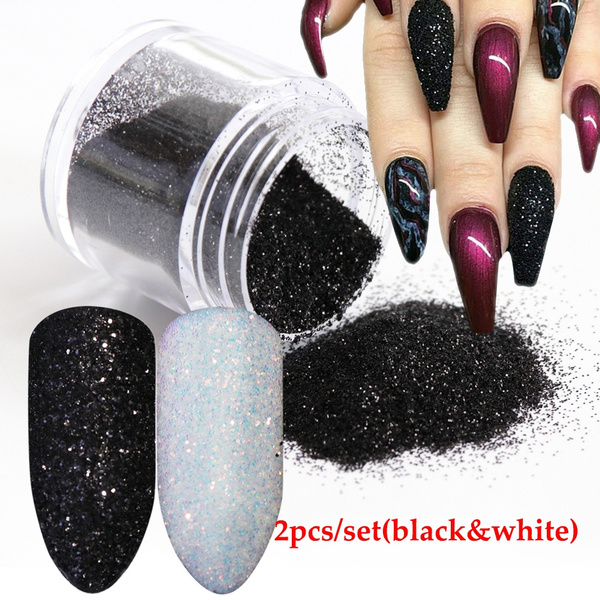 1pc White &1pc Black Nail Glitter Powder Dust Shiny White Black