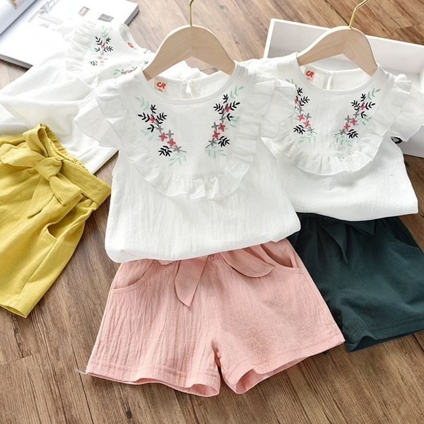 2Pcs Summer Children Clothing Set Little Girls Sleeveless Embroidery Shirt  + Bowknot Shorts Kids Girl Outfits