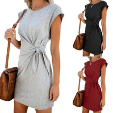 2019 New Fashion Women Loose Round Neck Dress Short Sleeve Solid Color Casual Dress