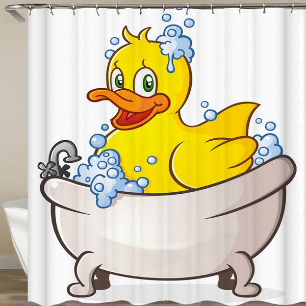 Yellow Rubber Duck & Submarine Cartoon Decor Waterproof Shower Curtain & 12 Hook 