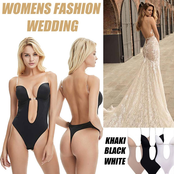 Women Deep V Clear Straps Bodysuit Thong Bottom Backless U Plunge Body Suit  Open Back Bra for Low Cut Wedding Evening Dress