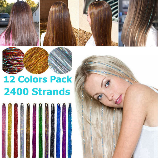 12 Colors Pack in Set 2400 Strands Hair Tinsel Extensions Sparkling Shiny  Colored Bling String Hair Extensions Multi-Colored Highlights Glitter Hair  pieces Extensions 48'' for Women Girls Party Halloween Christmas School  Days |
