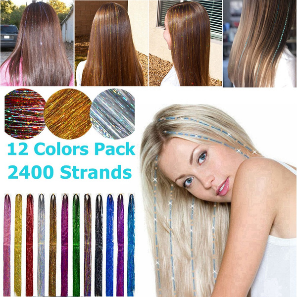 12 Colors Pack in Set 2400 Strands Hair Tinsel Extensions Sparkling Shiny  Colored Bling String Hair Extensions Multi-Colored Highlights Glitter Hair  pieces Extensions 48'' for Women Girls Party Halloween Christmas School  Days