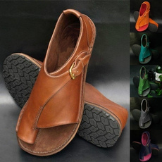 1 Pair Vintage Boho Sandals Women PU Leather Flat Sandals Summer Round Toe Flip Flops Ladies Casual Beach Slippers Shoes