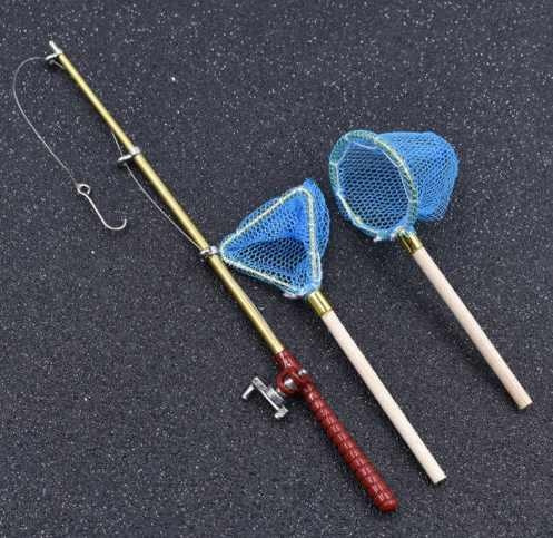 1 Set Model fishing Rod + Round Net + Triangle Net For Miniature 1:12  Dollhouse Doll House Decor